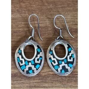 Vintage Taxco Mexico 925 Sterling Silver Turquoise Inlay Earrings TH-117 13.4g